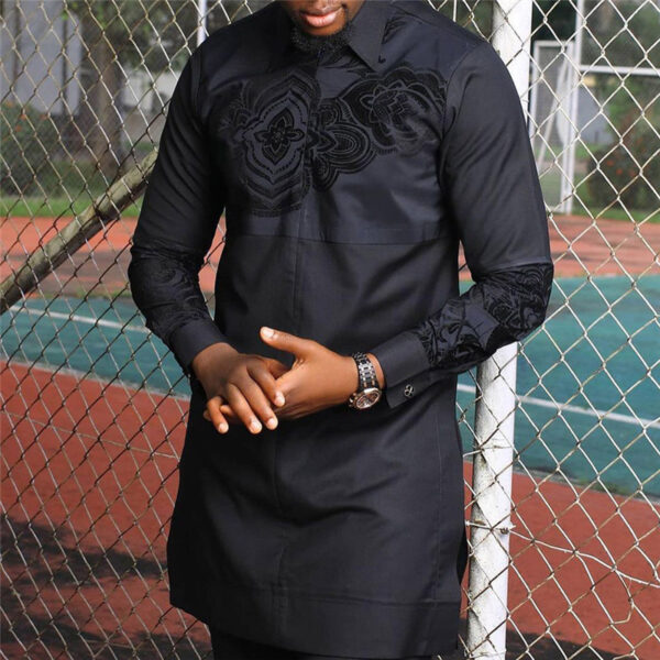 Black Cotton Lapel African Indian Style Men's Shirt - Image 2