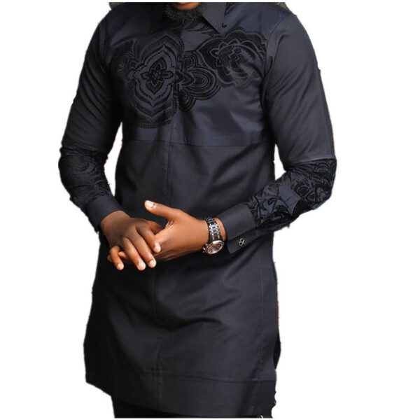 Black Cotton Lapel African Indian Style Men's Shirt