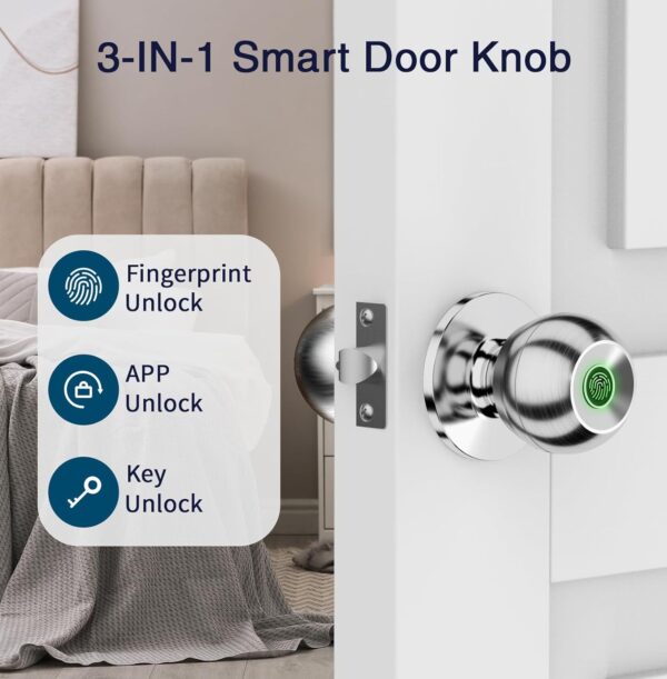 GHome Smart Door Knob Fingerprint Door Lock Rechargeable Smart Lock Electronic Biometric Door Lock For Bedroom, App Control, Suitable For Bedroom Home, Offices, Garages, Hotels, Apartments - Image 5