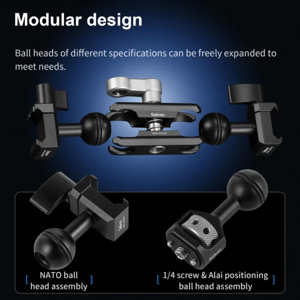 Selens Flexible Articulating Arm Mount 1/4" Screws SEB8-SYBH2A Dual Ball Head for Camera Light Stand Accessory