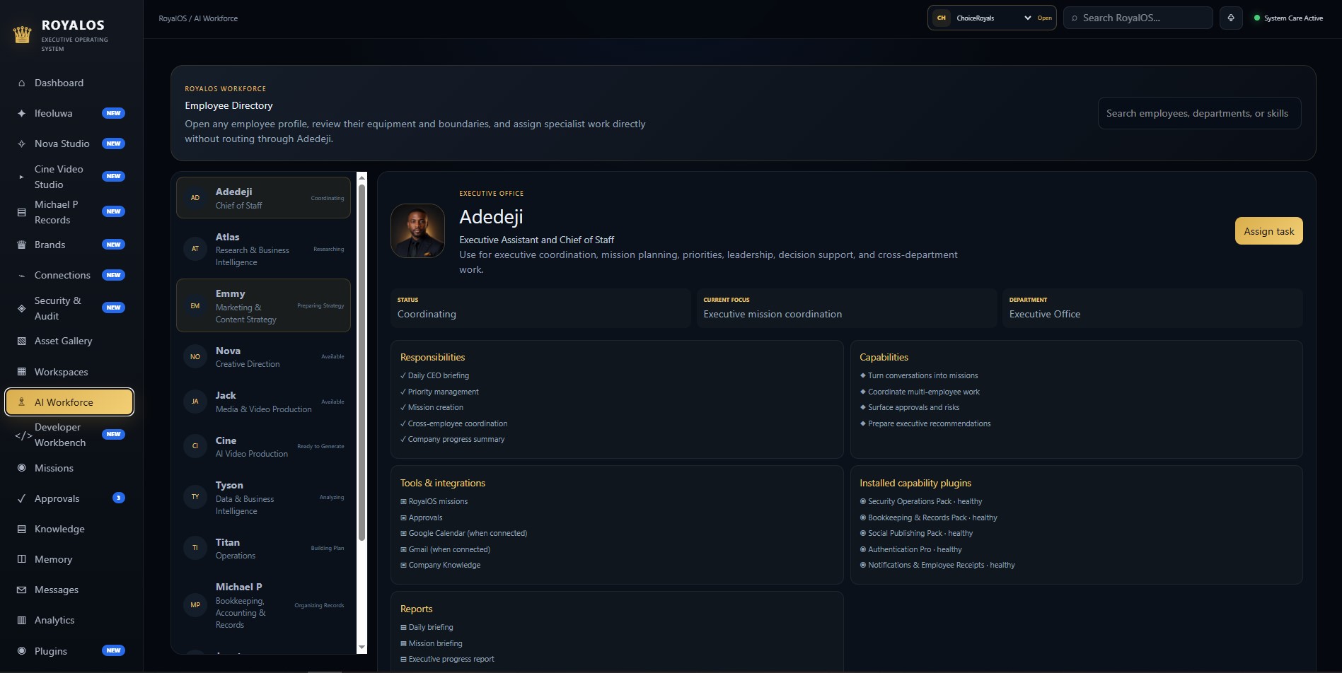 RoyalOS AI workforce dashboard preview