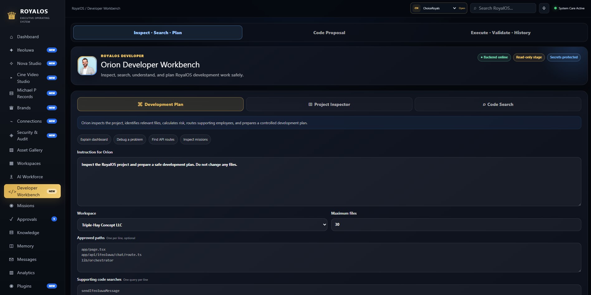 RoyalOS Orion developer workspace preview