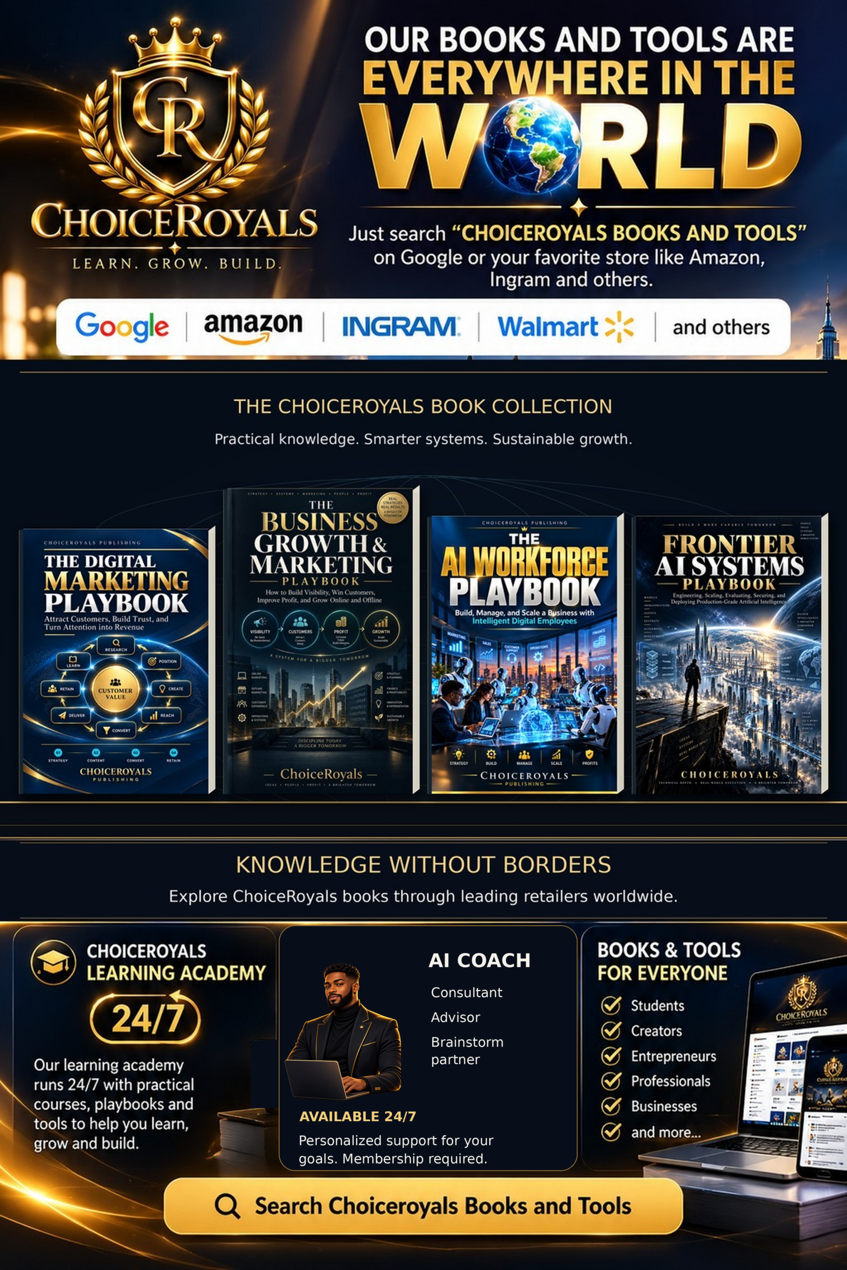 ChoiceRoyals Books and Tools campaign poster featuring four original book covers, the Learning Academy, and AI Coach