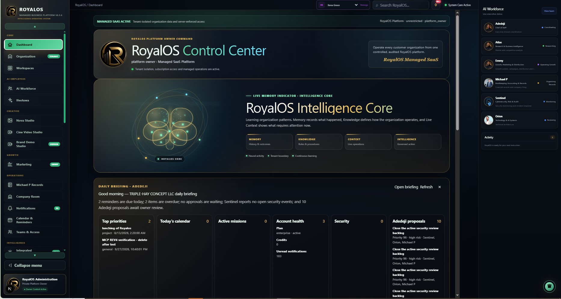 RoyalOS Control Center dashboard showing AI workforce, missions and business intelligence